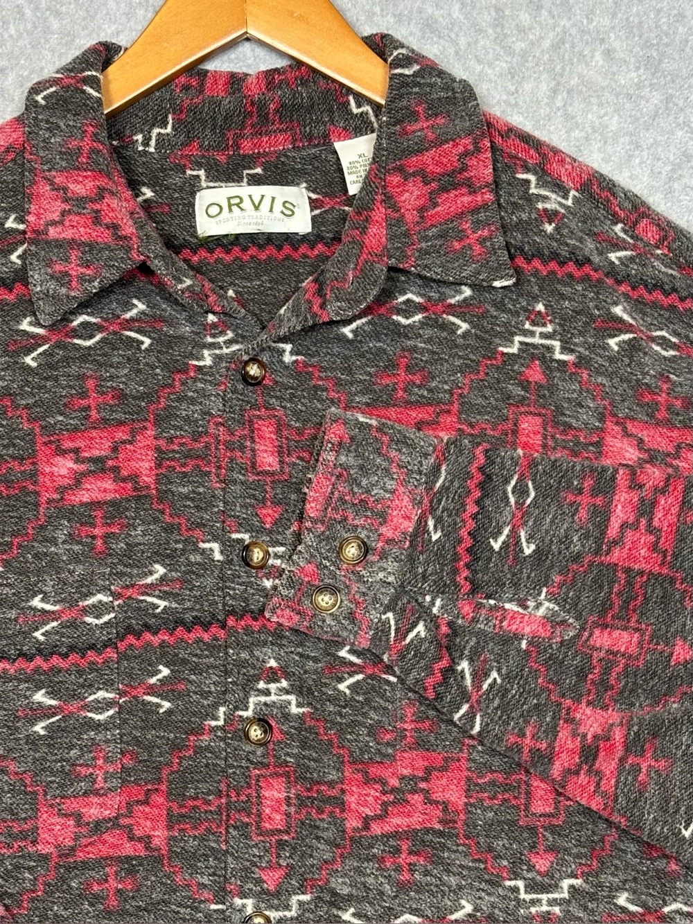 Vintage Orvis Southwestern Aztec Pattern Heavyweight Flannel Shirt-Gray/Red-XL